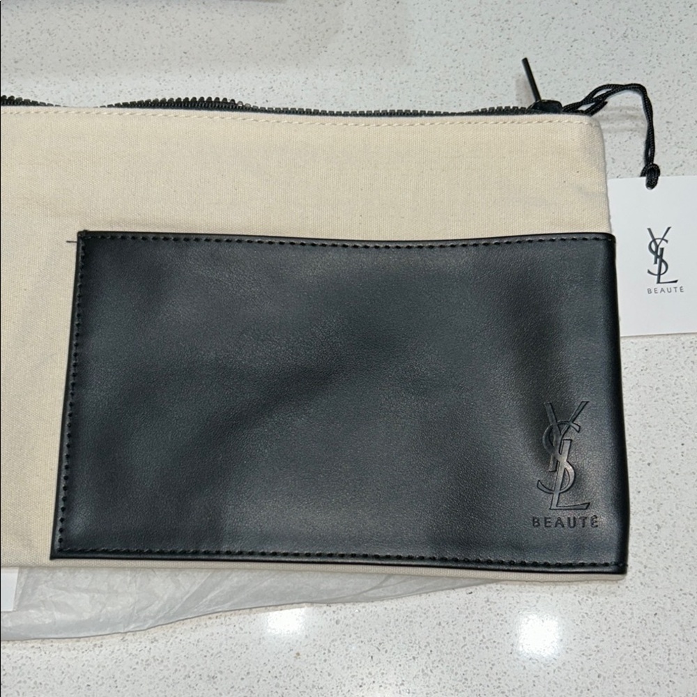 YSL BEAUTE Black and Cream Large 💯% Cotton Pouch with pocket